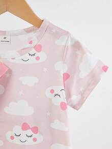 Genkimix Kids 少女简约可爱云朵印花短袖长款睡袍家居服，粉色和灰色 - 粉色 - 查看 4
