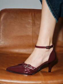秋冬女士尖头露跟镂空高跟凉鞋，时尚性感，夏季新品，优雅猫跟，派对鞋 - 酒紅色 - 查看 8