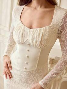 Vintamour 复古优雅女士针织提花蕾丝心形领口鱼尾修身连衣裙，适合派对、正式场合、夏季、度假、春季、春假等各种场合。优雅派对连衣裙、婚礼宾客礼服、毕业典礼礼服、正式场合礼服等，尽显优雅气质。 - 杏色 - 查看 2