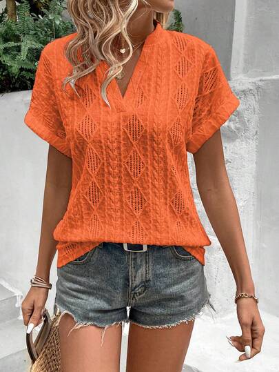 EMERY ROSE Summer Casual Solid Color Textured Notched Neck Short Sleeve T-Shirt