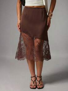 Avenya Brown Satin Low-Waist Lace Patchwork Skirt - Brown - View 1