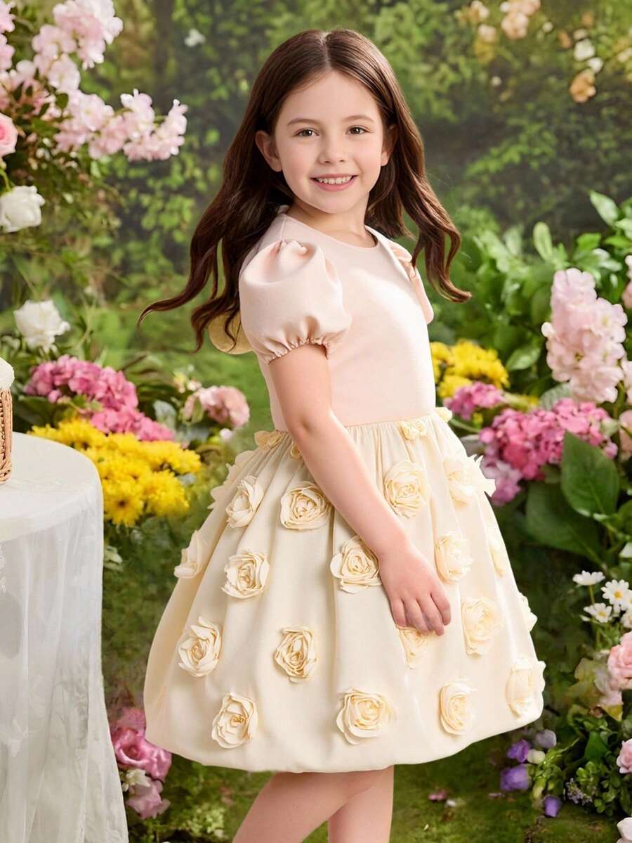 SHEIN Girls' Satin Dress,Lantern Sleeves,Floral Decor,Elastic Waist,Flower Girl,Wedding,Performance,Party Ball,All Seasons,Pink,Summer,7th Birthday,Holiday - Apricot - View 1