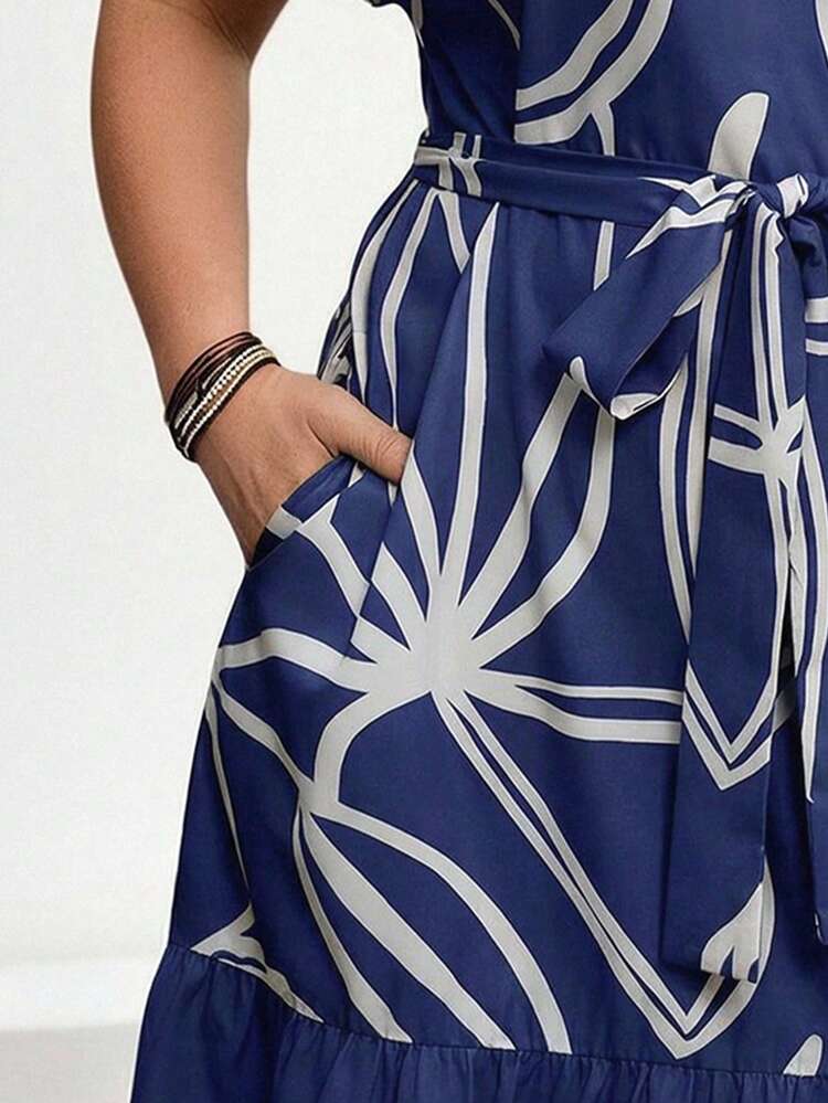 Plus Size Women V-Neck Ruched Waist Tie Design Casual Party Dress Summer Dress  Summer Outfits Summer Clothes Spring Dress Spring Outfit Women Spring Clothing Country Style For Women Country Dress For Women Vacation Outfits Women