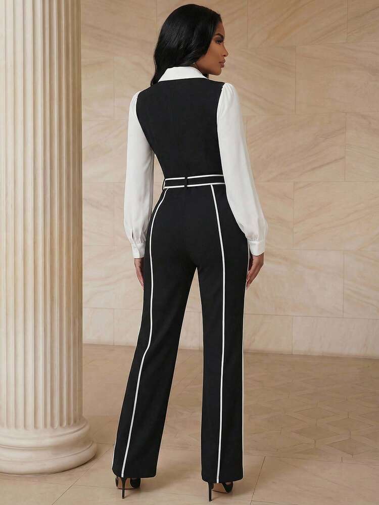 Summer Elegant Design Sense Black & White Contrast Pleated Waist Pocket Cinched Waist Wide Leg Pants For Women,Black Elegant Wide Leg Long Pants