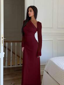 Ronhire 女士纯色网眼拼布简约长款优雅连衣裙 - 酒紅色 - 查看 6