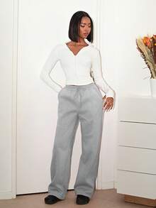 Mima John 卵石缝线细节直筒运动裤 - 灰色 - 查看 5