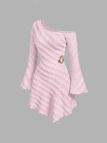 SHEIN MOD Đầm cocktail ngắn ôm dáng, màu trơn, trang trí kim loại, vai lệch, eo thon, thanh lịch dành cho nữ, thích hợp dự tiệc. - Hồng - Xem 3