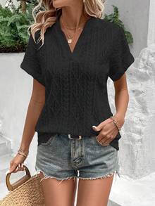 EMERY ROSE Summer Casual Solid Color Textured Notched Neck Short Sleeve T-Shirt - Black - View 5