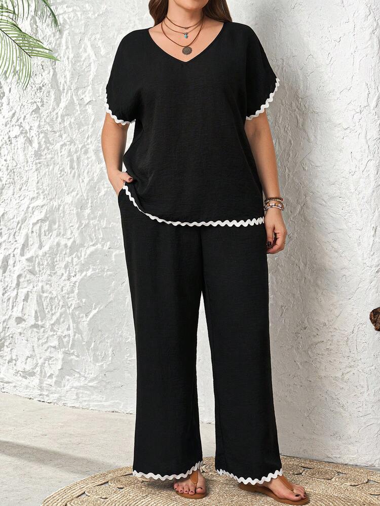 Plus Size Vacation Casual Woven Trim Shirt And Pants 2 Pieces Set Casual Coords Set For Women Women S Holiday Co Ord Women 2 Piece Outfit Casual Summer Outfits For Women  Beach Outfit For Women  Casual  Vacation Outfits Women Country Concert Outfit Peplum