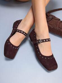 CUCCOO GRLICON Women's Fashion Rivet Decor Flat Shoes With Buckle Design Valentine's Day - Rust Brown - View 3