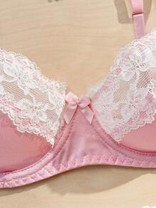 Women's Lingerie Set, Pink Fabric & White Lace Trim, Underwire, Bow Accent, Suitable For Vacation, Party, Sweet PetitDoll Style - Pink - View 4