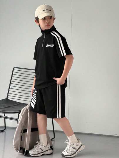 SHEIN 2pcs Tween Boys' Casual Striped Collar Short Sleeve Shirt & Shorts Set, Suitable For School, Outing, Sports, Holiday, Party, Spring/Summer