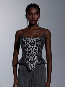 Elitara 优雅奢华花卉串珠刺绣露肩U领腰部流苏装饰修身连衣裙，适合晚宴、展览、商务活动及其他场合。 - 彩色 - 查看 3