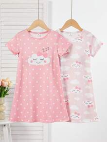 Genkimix Kids 少女简约可爱云朵印花短袖长款睡袍家居服，粉色和灰色 - 粉色 - 查看 1