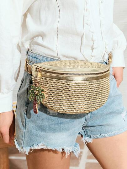 SHECARRY Ladies, Women Golden Straw Beaded Coconut Tree Pendant Waist Bag/Chest Bag, Fashionable, Personalized, Simple, Versatile, Street, For Daily, Shopping, Beach, Vacation, Holiday, Summer, Seaside, Beach Party, Music Festival