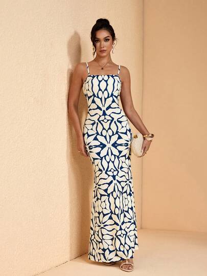 JIAN LASALA All-Over Print Knit Spaghetti Straps Sleeveless Mermaid Hem Women Maxi Dress Bobo Elegant Spring Summer Vacation Casual Wear