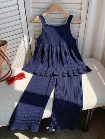 Tween Girl Solid Color Ruffle Trim Top And Wide Leg Pants Casual Outfit