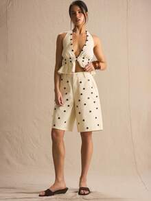 MUSERA 纽扣细节牛仔短裤套装，仅下装，春夏舒适可爱日常少女风度假阳光社交 - 米色 - 查看 3