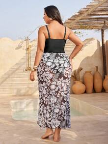 Swim Oasis Plus Size Tropical Print Patchwork One-Piece Swimsuit Cover Up With Skirt - Black - View 2