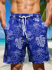 Manfinity VDAYZ 男士时尚休闲龟叶印花抽绳口袋沙滩短裤 - 霧霾藍 - 查看 3