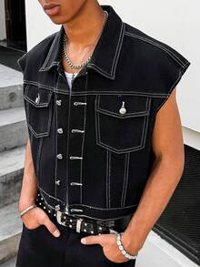 Manfinity EMRG Men's Mature Casual Street Life Line Design Black Washed Jacket - Black - View 6