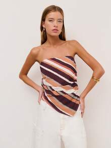 Nöista Bandeau Fitted Top With Stripes In Diagonal In Earth Colors, Asymmetrical Bottom Edge And Smock Stitching Part On The Back. - Multicolor - View 6