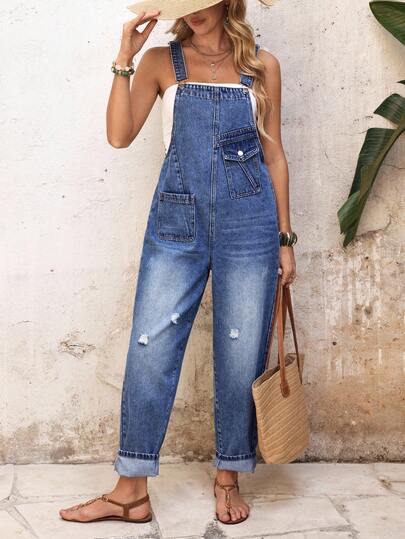 EMERY ROSE Women's Vacation Pocket Design Distressed Casual Denim Jumpsuit