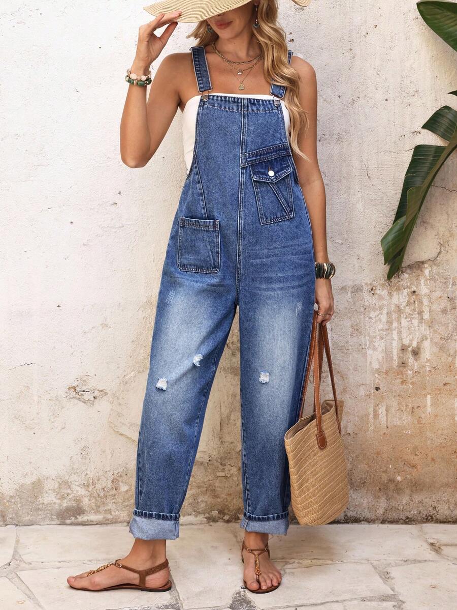 EMERY ROSE Women's Vacation Pocket Design Distressed Casual Denim Jumpsuit - Blue - View 1
