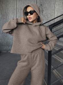 EURMUSE Của phụ nữ Màu thuần Hoodie Và Quần Bộ - Màu be - Xem 5
