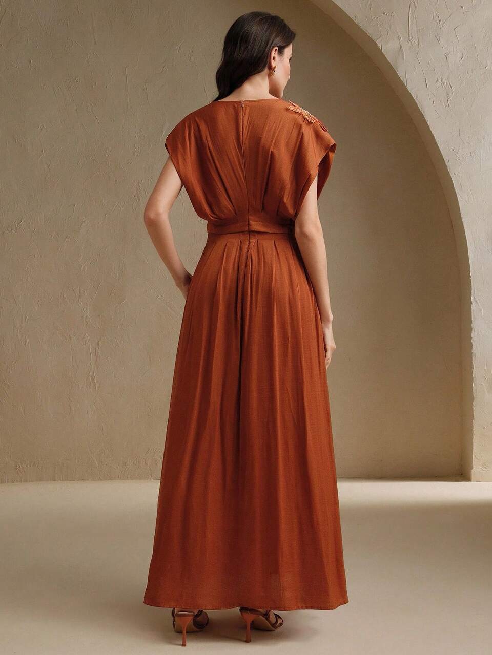 Rusty Orange Summer Elegant Wedding V-Neck Waist Cinched Floral Decor Dress,Graduation,Festivals,Holidays,Occasions,Vacation,Old Money Aesthetics,Date
