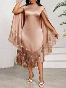 SHEIN Lady 2025新款加大码女装节日纯色编织流苏中长连衣裙缎面面料生日及活动礼服/办公礼服/教堂礼服/婚纱/节日礼服 - 咖啡棕 - 查看 2