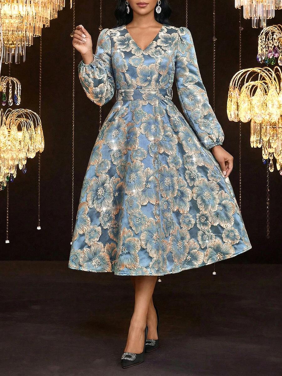 SHEIN Lady Women's V-Neck Jacquard Elegant Waist Cinching Midi Party Dress - Blue - View 1