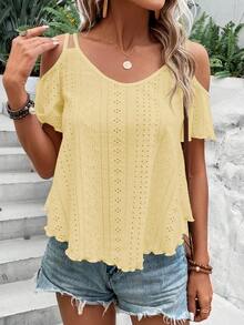 SHEIN LUNE Kaos Wanita Polos Tanpa Bahu, Kasual, Serbaguna untuk Pemakaian Sehari-hari - Kuning - View 4