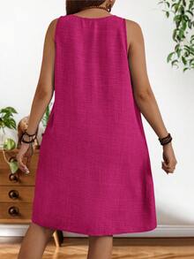 EMERY ROSE 大码女式纯色纽扣口袋休闲宽松日常外出连衣裙 - 玫紅色 - 查看 2