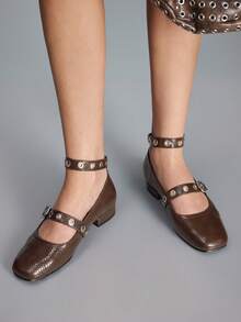 CUCCOO GRLICON 女士铆钉设计休闲乐福鞋，圣诞节必备 - 棕色 - 查看 5