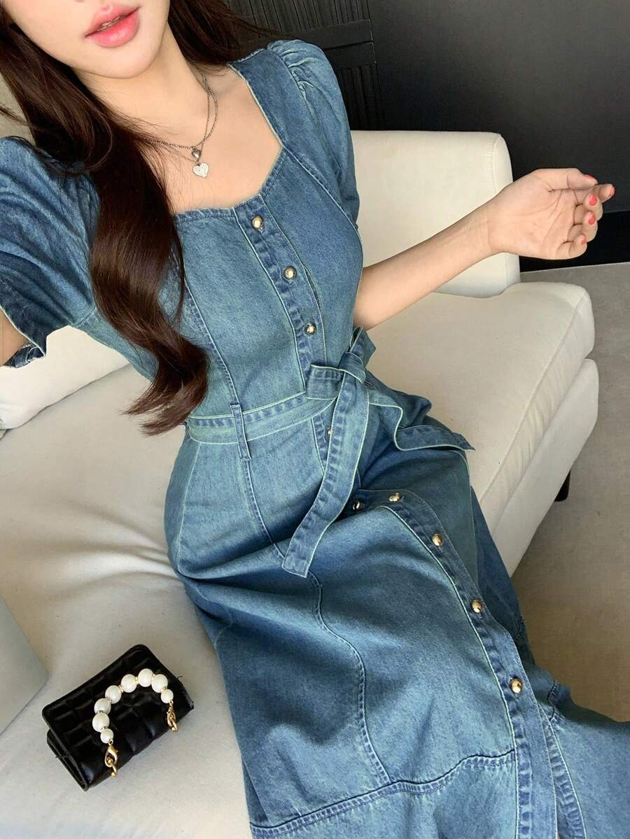 DAZY Women's Casual Washed Square Collar Belted Petal Sleeve Denim Dress, Summer - Blue - View 1