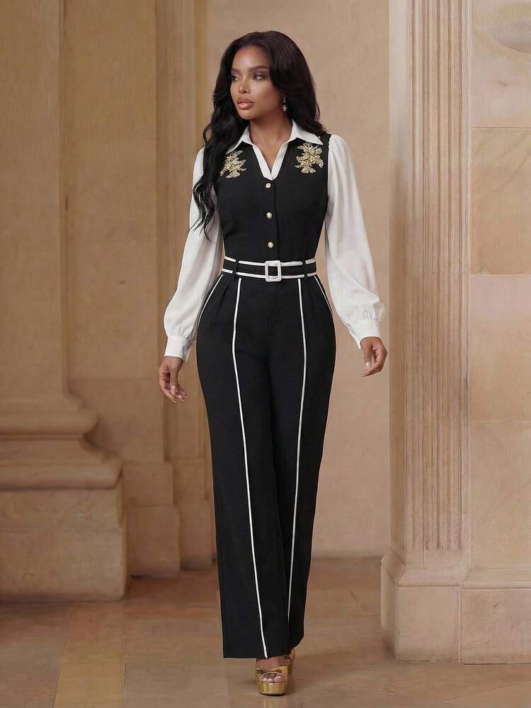 Summer Elegant Design Sense Black & White Contrast Pleated Waist Pocket Cinched Waist Wide Leg Pants For Women,Black Elegant Wide Leg Long Pants