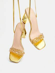 Glitzique Women's Fashion Comfortable Going Out Party Crystal Clear PVC Jelly Rhinestone Tie Up High Heel Sandals - Gold - View 7
