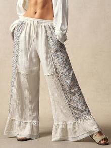 Bohemela Women's Casual Woven Print Patchwork Solid Color Loose Wide Leg Pants Vacations Women Summer For Women Holidays For Women White Pants Casual For Women Spring - Multicolor - View 4