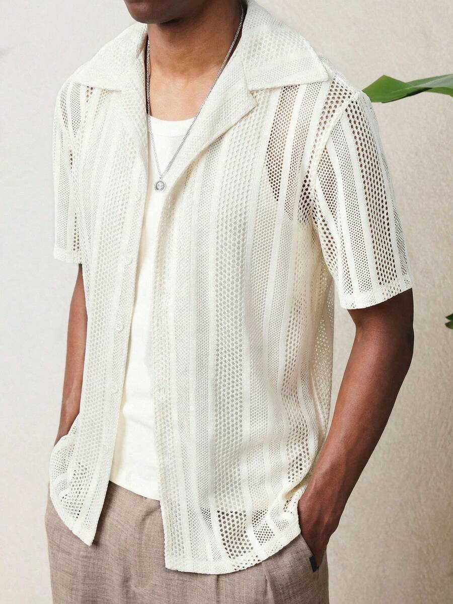 SUMWON White Mesh Short Sleeve Button Up Shirt Casual Summer Beach Vacation Resort Lightweight Breathable Open Weave Collared Top - Apricot - View 1