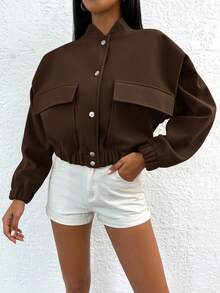 SHEIN Cottnline Cotton Women's Woolen Short Jacket With Baseball Collar - Coffee Brown - View 5