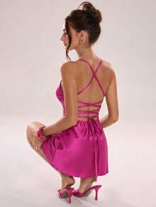 Avenya Váy satin đính sequin, hở lưng, xếp ly, cổ yếm - Màu tím - Xem 6