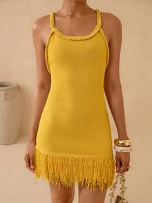 Vesra Đầm dệt kim dự tiệc thanh lịch, màu trơn, thiết kế tua rua dành cho nữ, kiểu dáng thắt eo. - Màu vàng - Xem 3