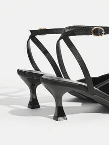 CUCCOO TILAWA 女鞋 时尚尖头黑色水钻踝带派对晚宴性感猫跟高跟鞋 女士露跟鞋 - 黑色 - 查看 4