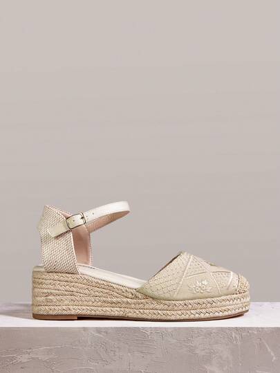 Styleloop Women's Summer New Platform Woven Sole Embroidered Ankle Strap Comfortable Breathable Vacation Outdoor Fisherman Wedge Closed Toe Sandals