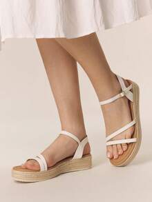 Styleloop Giày sandal đế xuồng cao gót cho nữ, chất liệu vải dệt, gót dây thừng, thiết kế quai ngang, phụ kiện không thể thiếu cho kỳ nghỉ, phong cách bohemian, lễ hội âm nhạc, tiệc tùng, phong cách retro Mỹ, trang phục du lịch, vật dụng cần thiết khi đi du lịch. - Màu trắng 1 - Xem 4