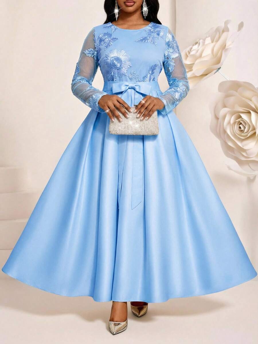 Fleurora 秋冬季优雅端庄派对婚礼圣诞节情人节音乐会/音乐节鸡尾酒会米色提花缎面圆领舞会礼服，系带长袖加大码女式新年除夕礼服新年女士派对礼服长款派对礼服黄色新年礼服女士优雅连衣裙女士正式礼服女士正式礼服加大码正式礼服婚礼奢华晚礼服婚礼派对礼服婚礼宾客礼服 - 藍色 - 查看 1