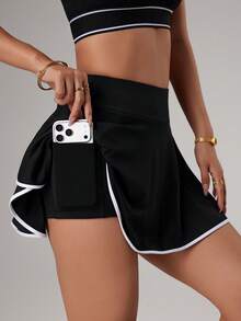 Dewbera Women's Color - Block 2 - In - 1 Sports Skort With Pockets, Anti - Exposure Tennis Skirt Suitable For Golf, Badminton, Yoga & Outdoor Running - Black - View 5