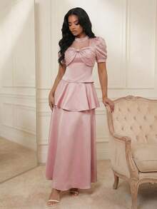 Anewsta 女士纯色蝴蝶结装饰仿珍珠点缀短款花瓣袖时尚衬衫 - 粉色 - 查看 7