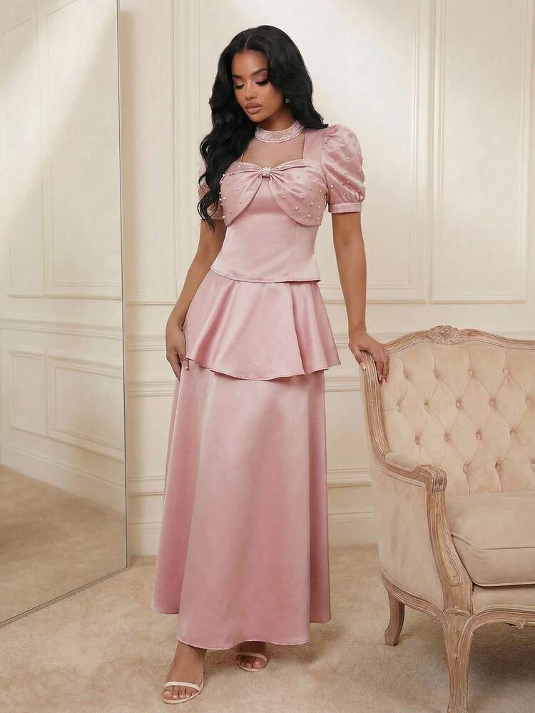 Women's Solid Color Bow Decor Faux Pearl Accent Short Petal Sleeve Fashionable Blouse